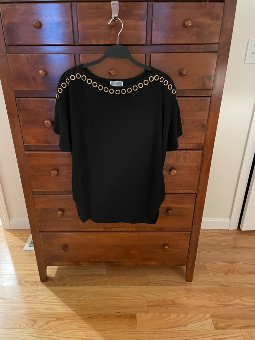 JM Collection, Black Top, Gold Rivet Detail, Ruched Sides, Size 1X